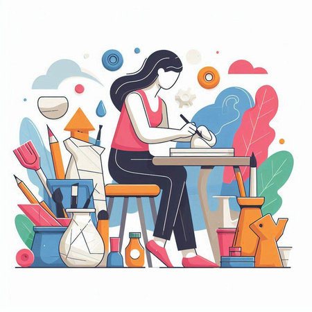 Vector illustration of a young woman working in a pottery studio.のイラスト素材