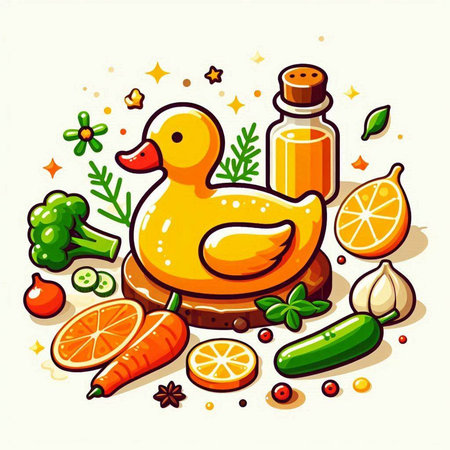 Cartoon vector illustration of yellow rubber duck, vegetables and spices.のイラスト素材