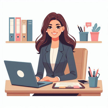Beautiful business woman sitting at her desk in office. Vector illustrationのイラスト素材