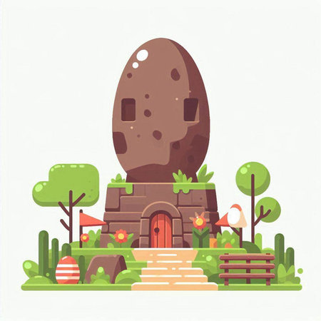 Stone castle in the park. Vector illustration in flat cartoon style.のイラスト素材