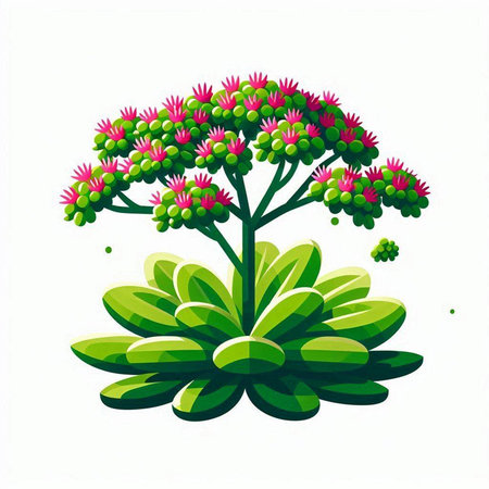 Illustration of a green plant with pink flowers on a white backgroundのイラスト素材