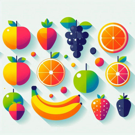 Colorful fruit icons set with long shadow effect, flat design.のイラスト素材
