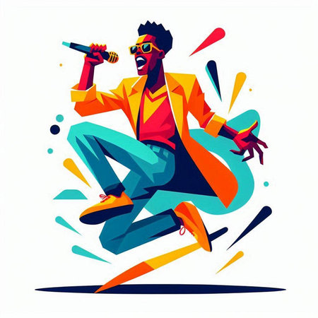African american man singing karaoke. Vector illustration in cartoon styleのイラスト素材