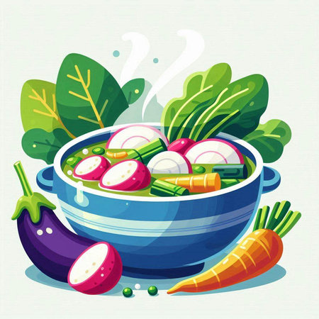 Vegetable soup with radish and eggplant. Vector illustrationのイラスト素材
