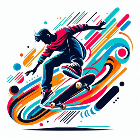 Vector illustration of a skateboarder riding a skateboard on colorful backgroundのイラスト素材