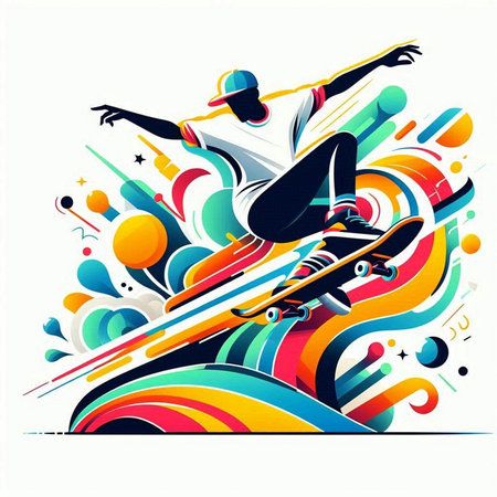 Skateboarder with skateboard on colorful background. Vector illustration.のイラスト素材
