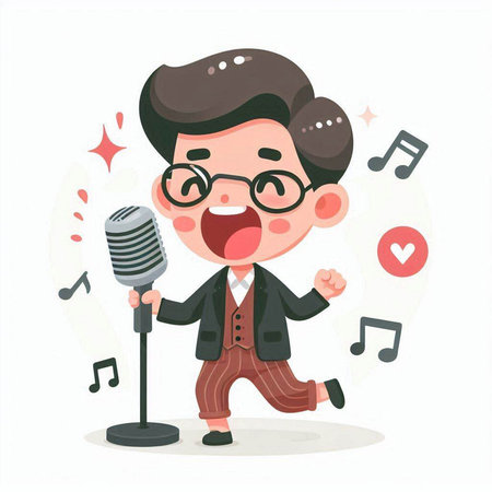 Cute boy singing with microphone. Vector illustration in cartoon style.のイラスト素材