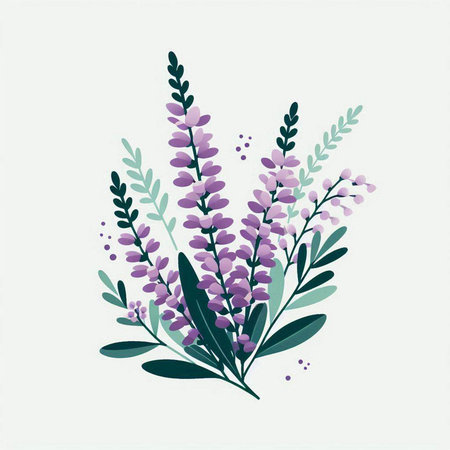 Hand drawn vector abstract floral illustration with lavender flowers, leaves and branches. Perfect for invitations, greeting cards, blogs, posters and more.のイラスト素材