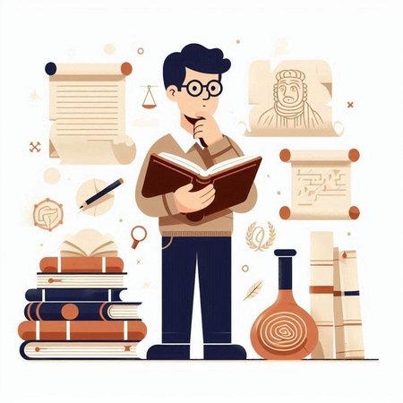 Vector illustration of a man reading a book. Education and literature concept.のイラスト素材