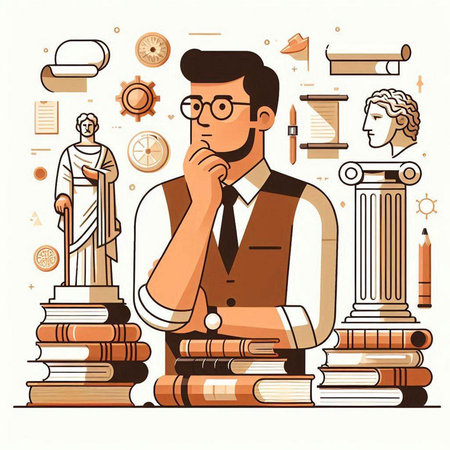 Lawyer with law and order symbols. Vector illustration in flat styleのイラスト素材