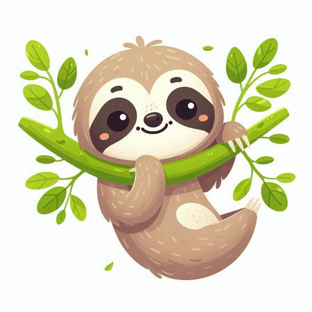 Cute cartoon sloth hanging on a branch. Vector illustration.のイラスト素材