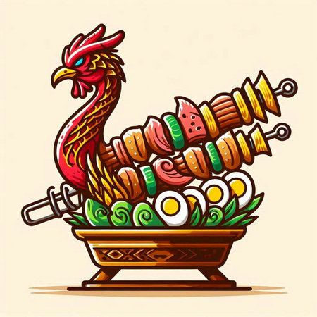Rooster on a skewer. Vector illustration in retro style.のイラスト素材