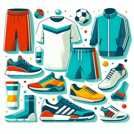 Set of sportswear and shoes icons in flat style. Vector illustrationのイラスト素材