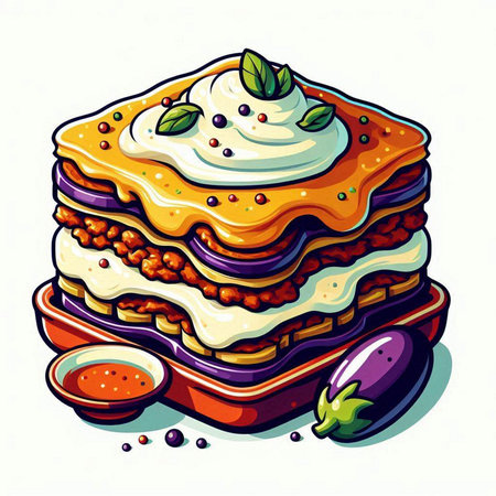 Illustration of lasagna with tomato sauce and eggplant on white backgroundのイラスト素材