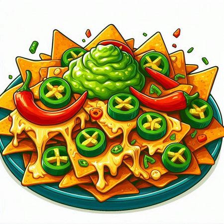 Nachos with guacamole and chili pepper. Vector illustration.のイラスト素材
