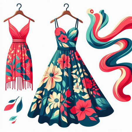 Vector illustration of two women's dresses with floral pattern and colorful ribbonsのイラスト素材