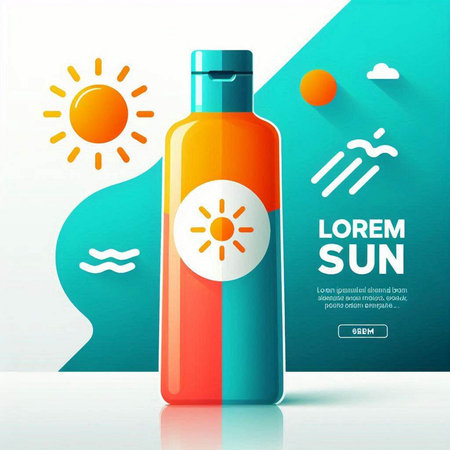 Sunscreen bottle with sunbeams. Vector illustration in trendy flat style.のイラスト素材