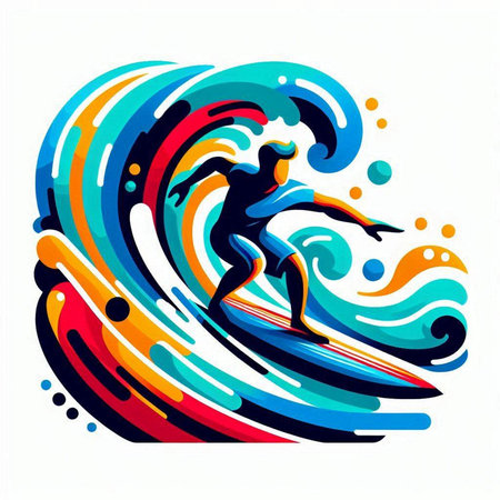 Surfer on the wave, vector illustration. Blue and orange colors.のイラスト素材