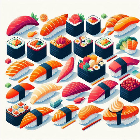 Japanese food isometric icons set with sushi and rolls isolated vector illustrationのイラスト素材