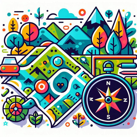 Vector illustration with map and compass in flat style. Travel and adventure concept.のイラスト素材