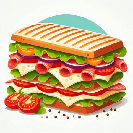 Sandwich with ham, cheese, tomato and lettuce. Vector illustration.のイラスト素材