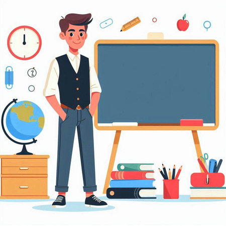 Schoolboy standing near blackboard in classroom. Vector illustration in flat styleのイラスト素材