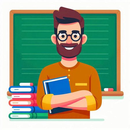 Male teacher with books in classroom. Vector illustration in cartoon style.のイラスト素材