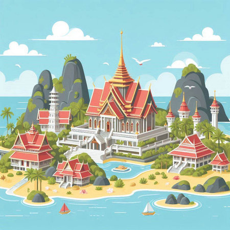 Thai temple in the sea. Vector illustration of a cartoon style.のイラスト素材