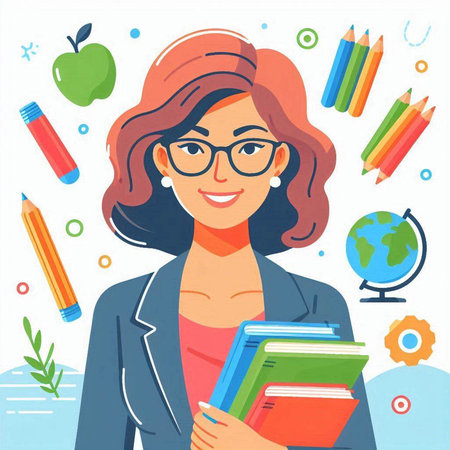 Vector illustration of a teacher with books, pencils and apple.のイラスト素材