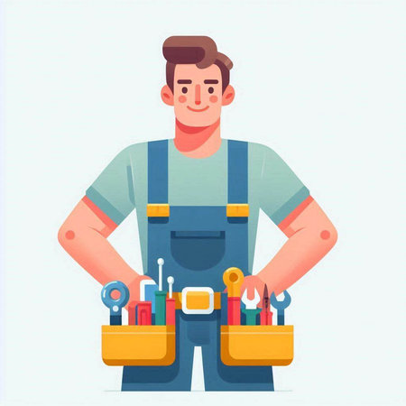 Handyman in work clothes with tools. Vector illustration in cartoon styleのイラスト素材