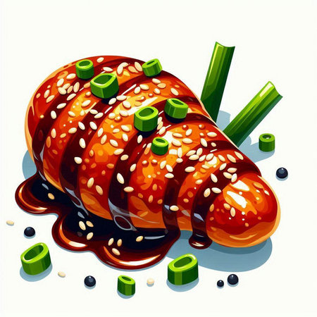 Illustration of a grilled salmon with sesame seeds and green onionsのイラスト素材
