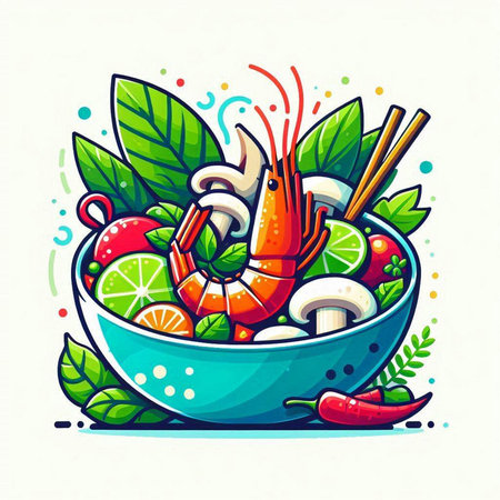 Seafood salad in a bowl with shrimps and vegetables. Vector illustration.のイラスト素材