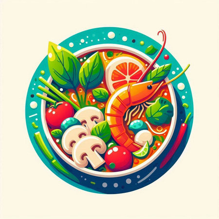 Vector illustration of fresh seafood salad with shrimp, mushrooms, tomato, cucumber and onion.のイラスト素材