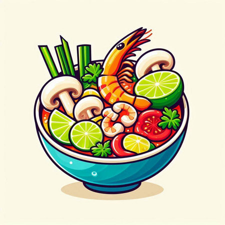 Illustration of a bowl of seafood salad with shrimps and vegetablesのイラスト素材