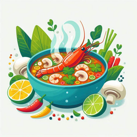 Tom Yum soup with shrimps and vegetables. Vector illustration.のイラスト素材