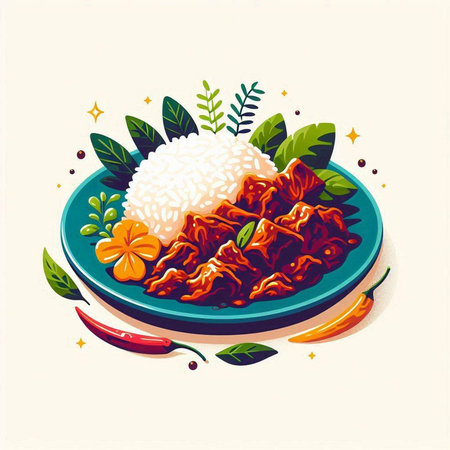 Illustration of rice with beef and chilli. Vector illustration.のイラスト素材