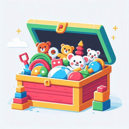 Vector illustration of a wooden chest full of toys. Flat style.のイラスト素材