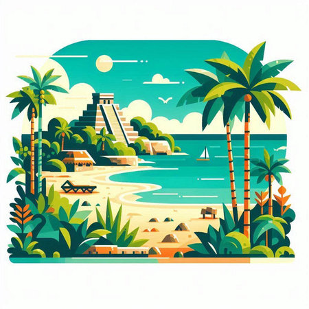 Mayan pyramid on the seashore. Vector illustration in flat styleのイラスト素材