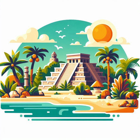Ancient Mayan pyramid on the seashore. Vector illustration.のイラスト素材