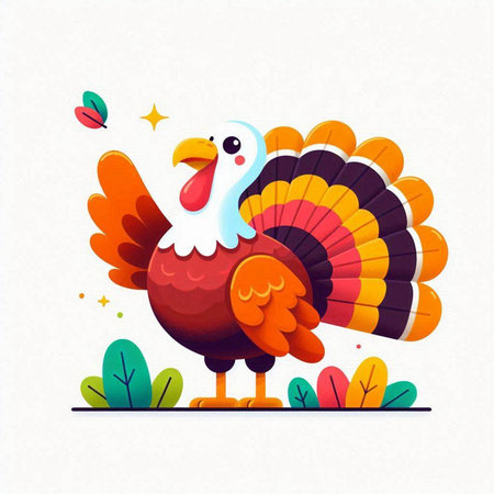 Happy Thanksgiving Day greeting card with cute cartoon turkey. Vector illustration.のイラスト素材