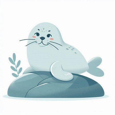 Cute seal sitting on a rock. Hand drawn vector illustration.のイラスト素材