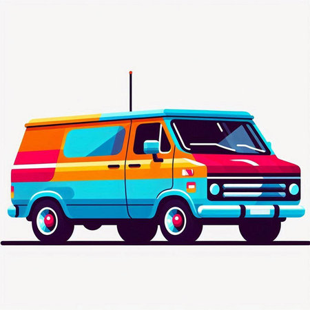 Colorful van on a white background. Vector illustration in retro styleのイラスト素材