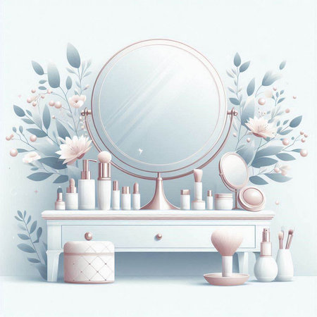 Vector illustration of a bathroom with a mirror, cosmetics and flowers.のイラスト素材