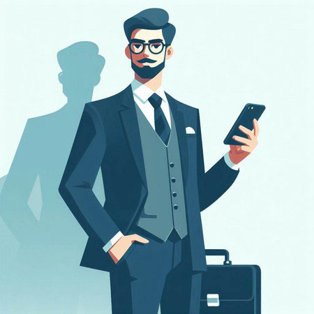 Businessman with mobile phone and briefcase. Vector illustration in cartoon styleのイラスト素材
