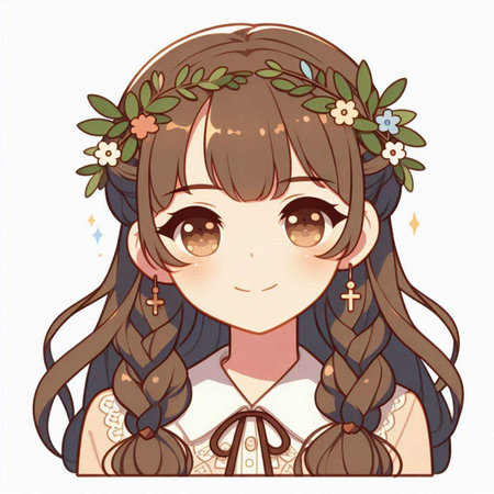 Illustration of a cute little girl with long hair in a floral wreathのイラスト素材