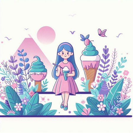 Cute little girl with ice cream in the park. Vector illustration.のイラスト素材