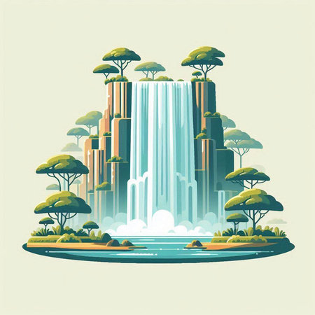 Waterfall in the jungle. Vector illustration in a flat style.のイラスト素材