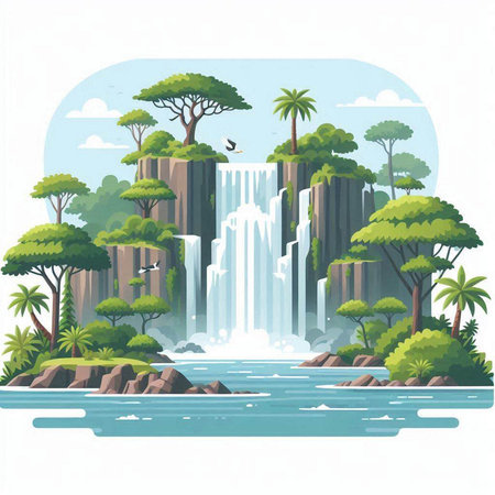 Waterfall in the jungle. Vector illustration of a flat design.のイラスト素材