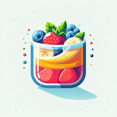 Fruit cocktail in glass with ice cream and berries. Vector illustration.のイラスト素材