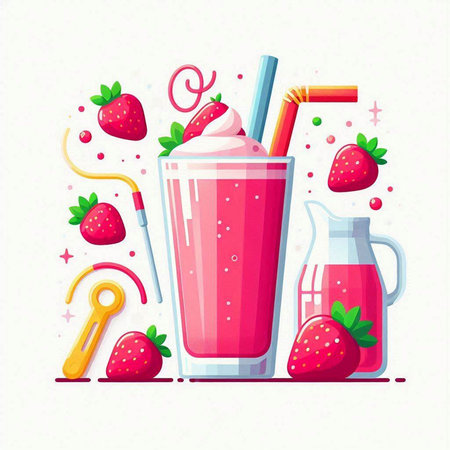 Strawberry milkshake or smoothie in a glass with straws. Vector illustration.のイラスト素材